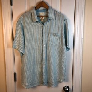 Panama Jack Mens Shirt 100% Linen Aqua Blue Striped XL Button‎ Up Coastal Beach